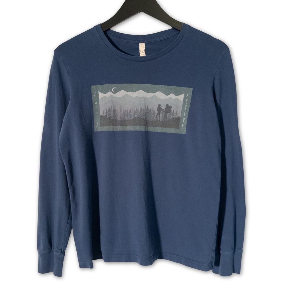 Zyia Active Long‎ Sleeve Tee Womens S Blue T-Shirt 100% Cotton Outdoor Graphic